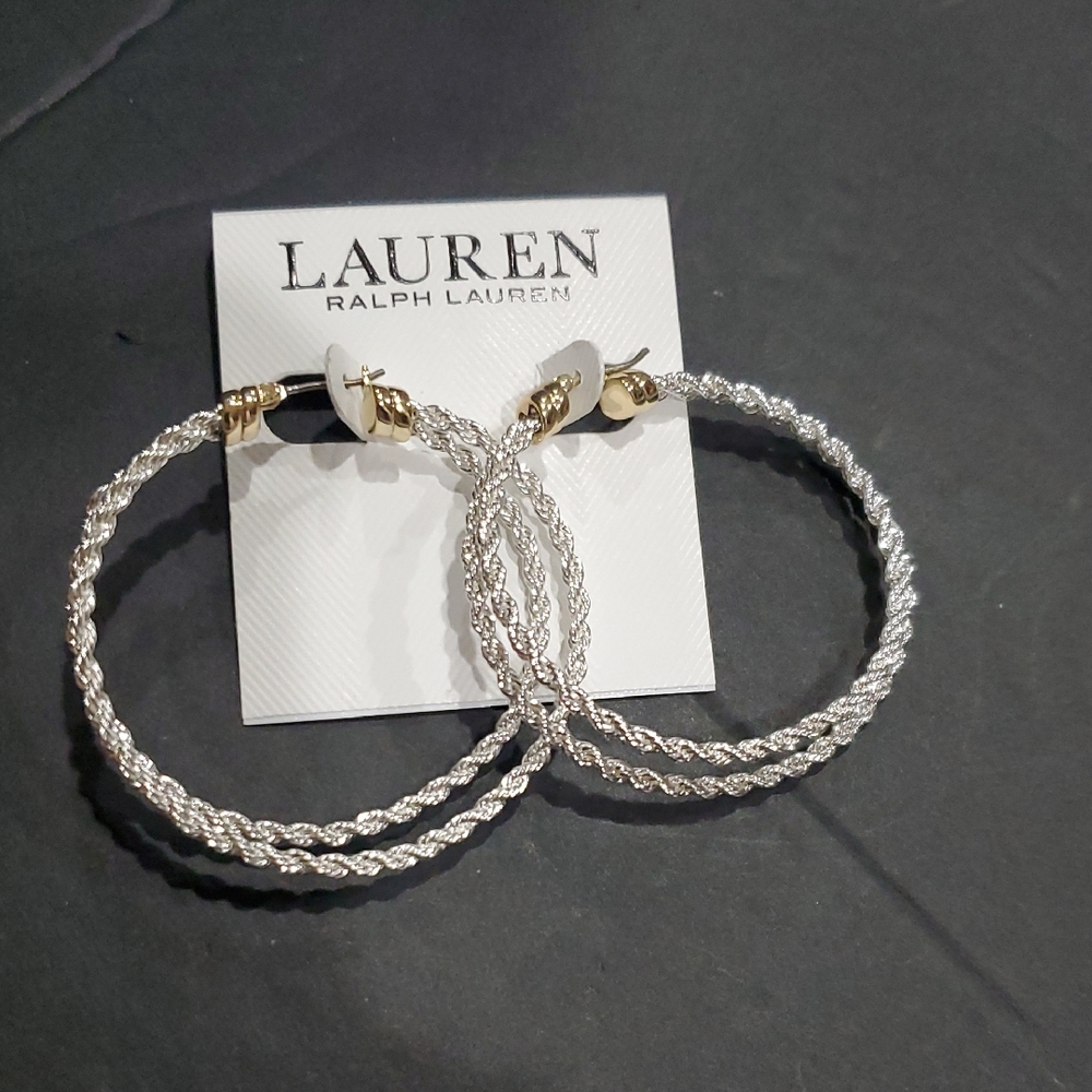 Lauren Ralph Lauren two Tone Rope Split gold and silver plated hoop Earrings new - Picture 3 of 9